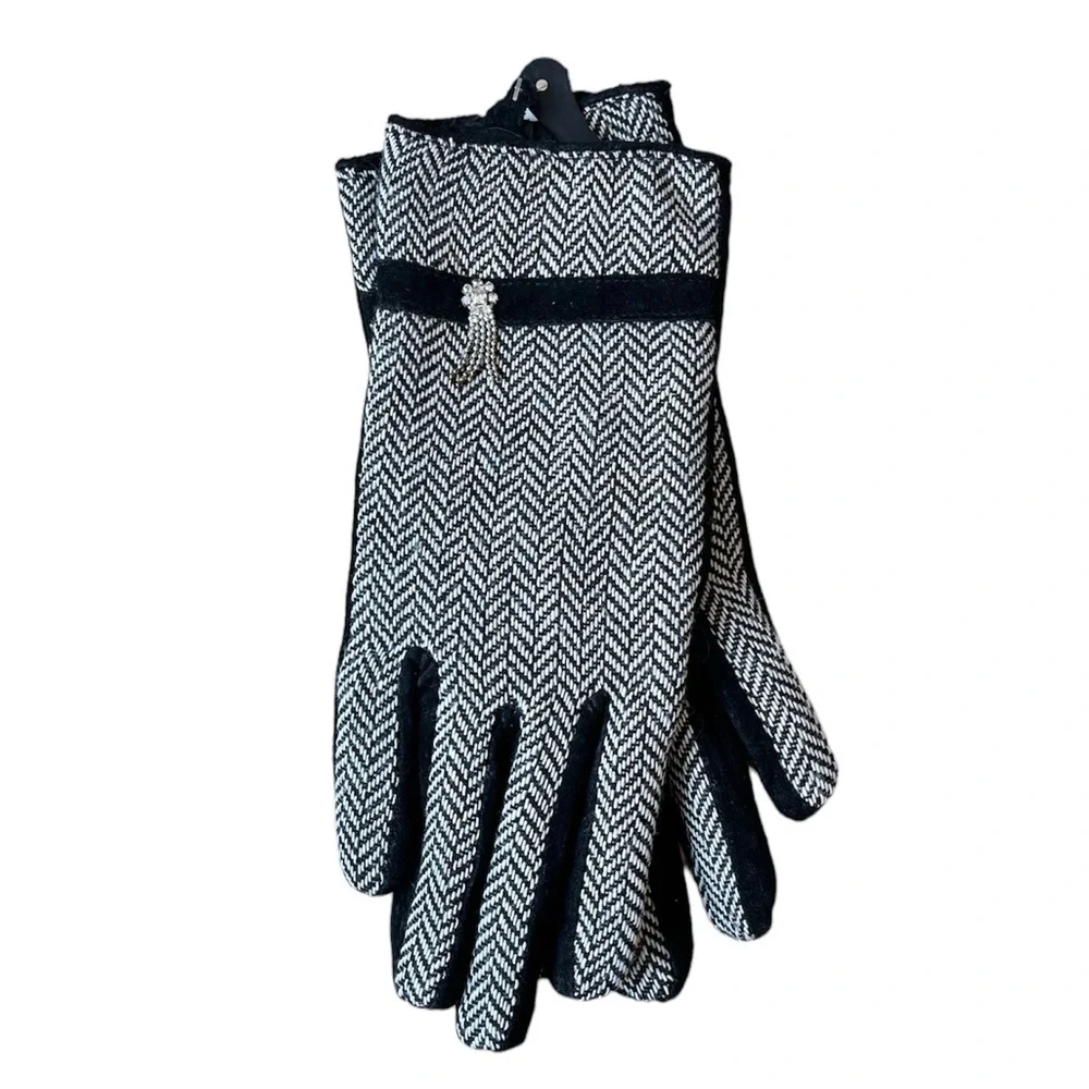 Vintage Leather Gloves Black Herringbone Embellished S Small New